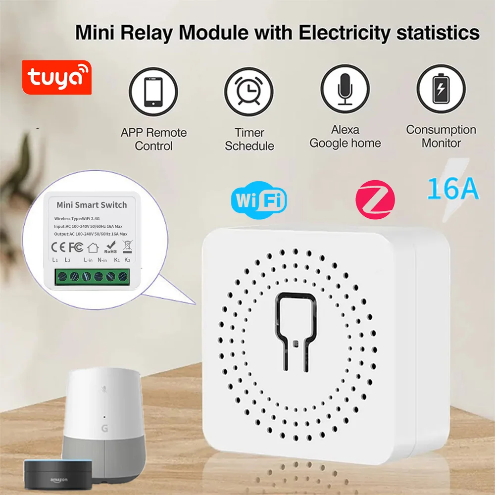 WiFi/Zigbee Smart Switch 16A/20A Timer Circuit Breaker 2-Way Control Work with Alexa Google Home Voice Control Automation Relay