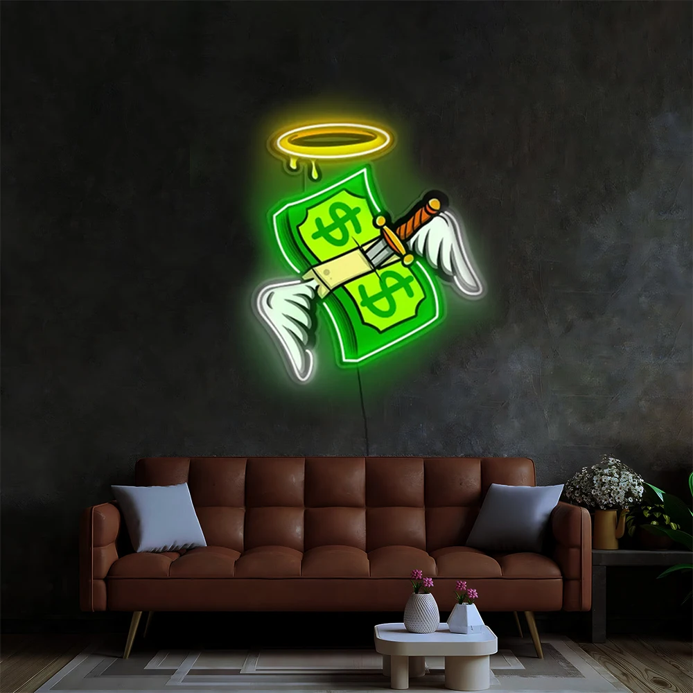 

Money Neon Sign Wings and Halo LED Pop Art for Bar and Game Room or Business Decor Wall Decor Unique Gift Custom Cash Light Sign