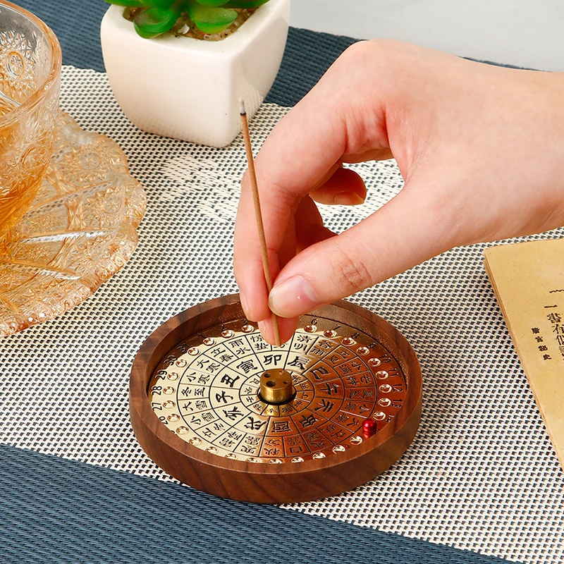 Chinese Calendar Incense Burner 4-Hole Brass Incense Holder with Wooden Ash Tray Buddhism Supplies Home Decor