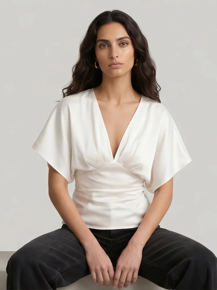 

Deep V-neck Pleated Waist-cinching Tops Women Sexy Solid Color Short Sleeves Slim Fit Blouse Lady New Commute Street Outfit 2026