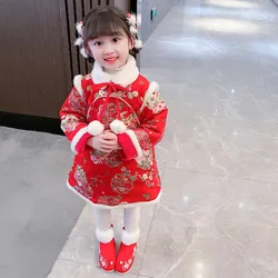 2023 New Year TangSuits Age 2-8 Toddler Kids Red Princess Birthday Party Outfit  Winter Chinese Cheongsam Dress For Baby Girls