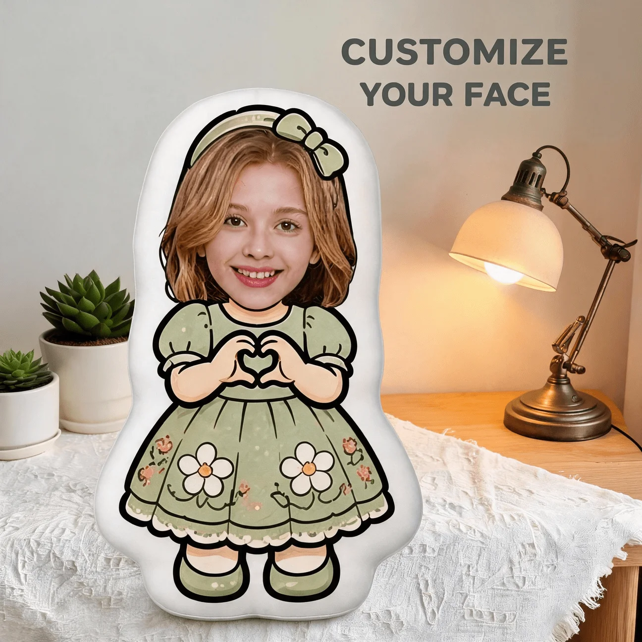 Custom Photo Shaped Pillow, Personalized Face with Green Floral Dress & Heart Hands Decorative Cushion, Unique Home Decor Accent