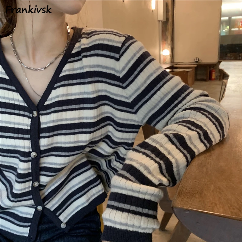 S-5XL Striped Cardigan Women Elegant Korean Commuting Style Daily Trendy V-neck Chic Temperament Knitwear Classic Contrast Color