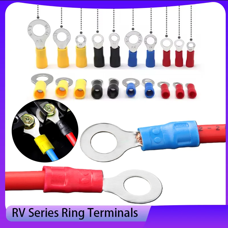 

100pcs RV round copper terminal block PVC insulated cold pressed flame-retardant O-type wire nose plug