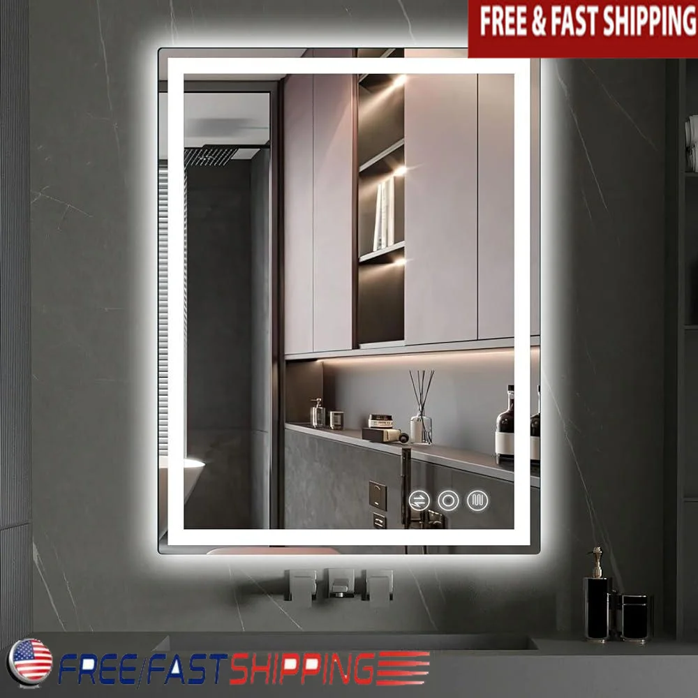 

Bathroom Mirror 20x28 Anti-Fog Frontlit Backlit Dimmable Lighting 3 Color Temperature Touch Control Shatterproof Smart Wall