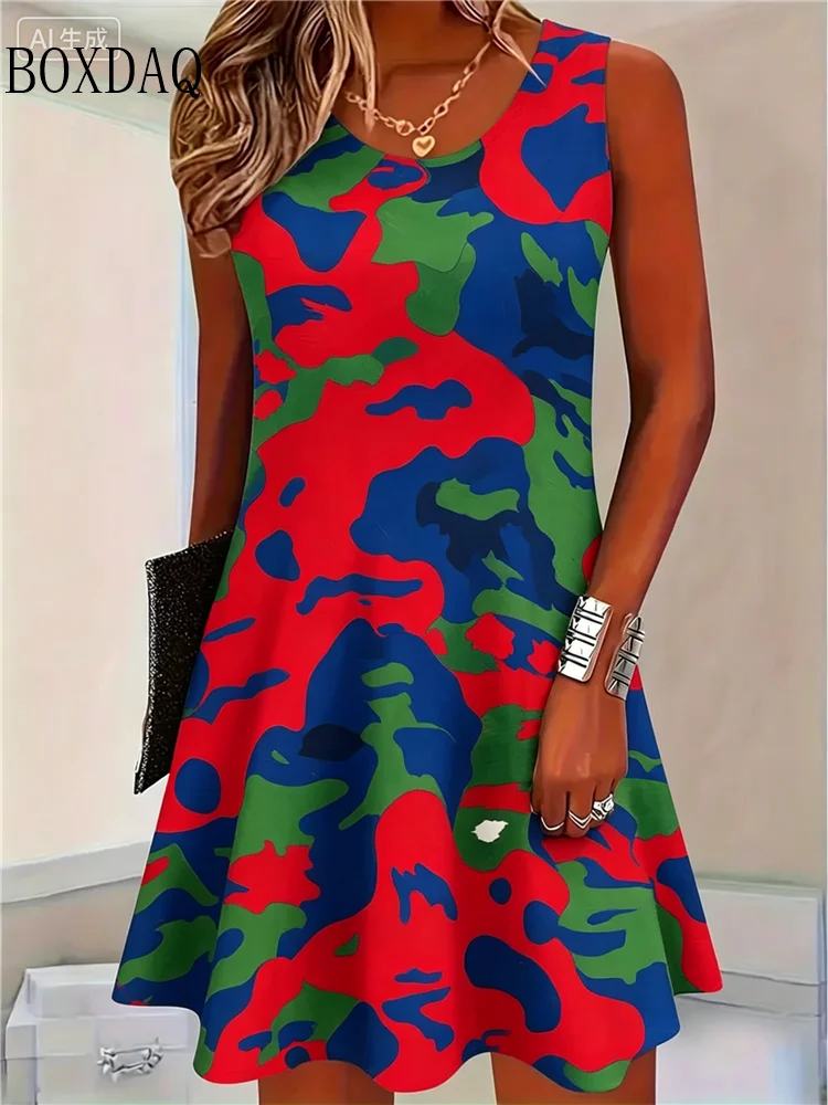 Military Camouflage Dresses For Women 2026 Summer Abstract Print Sleeveless A-Line Dress Loose Casual Plus Size Clothing Vestido