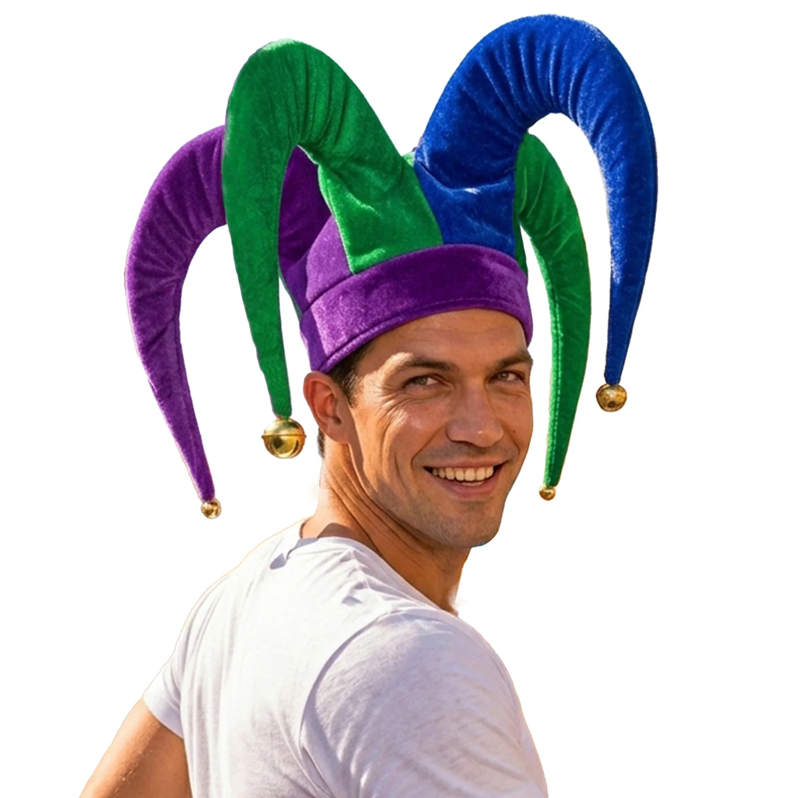 Felt Long-horn Contrast Color Brimless Clown Hat Cap with Bells for Festival Celebration Sports Events Halloween Party Cosplay