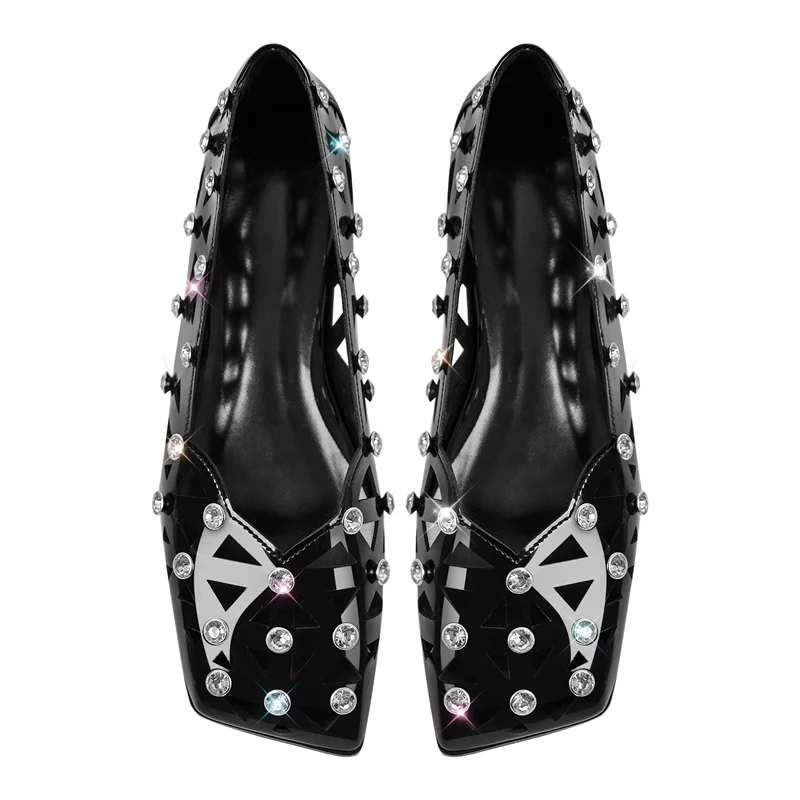 Onlymaker Woman Rhinestone Hollow Square Toe Flats Slip On Black Fashion Daily Flat Shoes