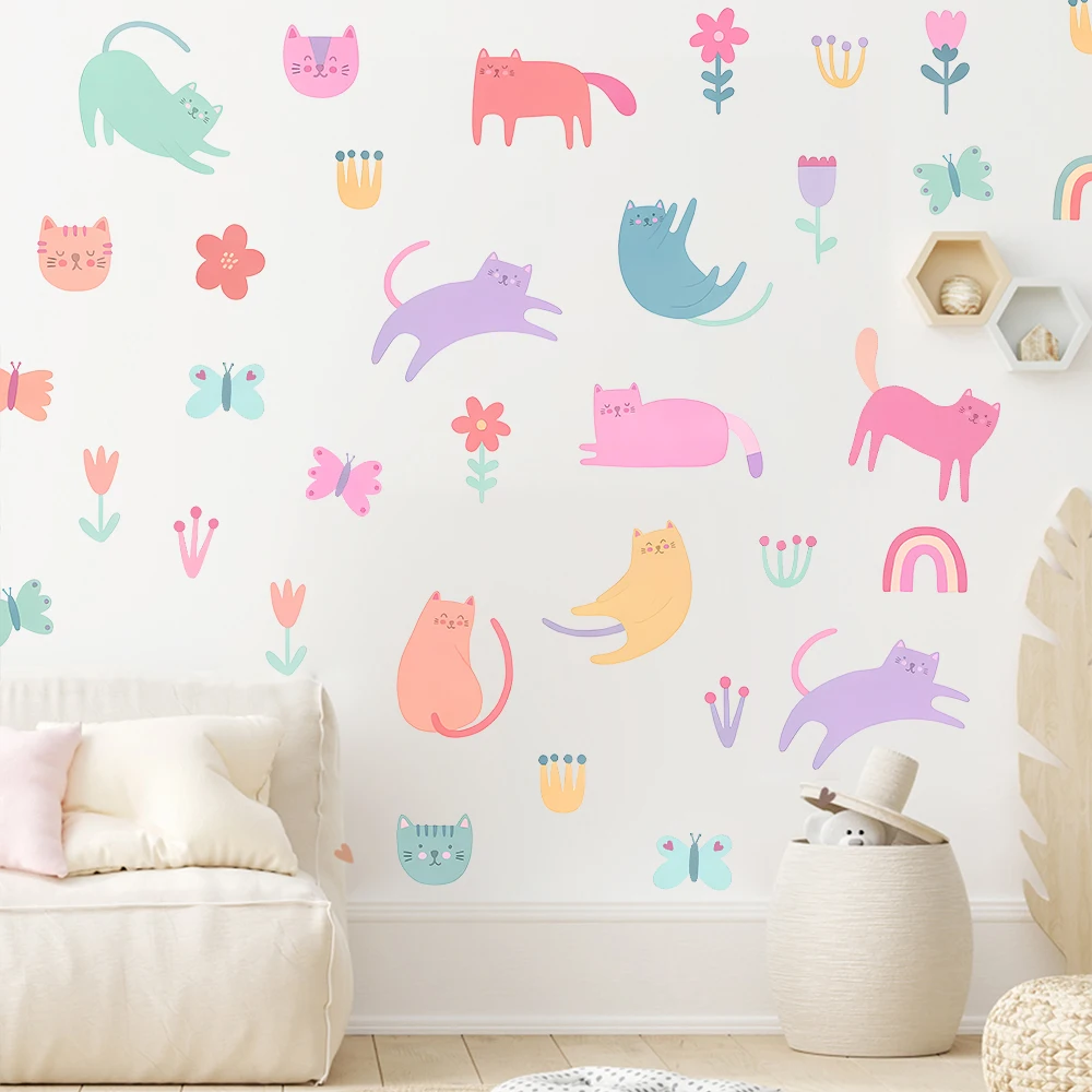 Cartoon Color Cat Wall Stickers for Girls Room Children Nursery Bedroom Wall Art Flower Butterfly Wallpaper Home Wall Decoration