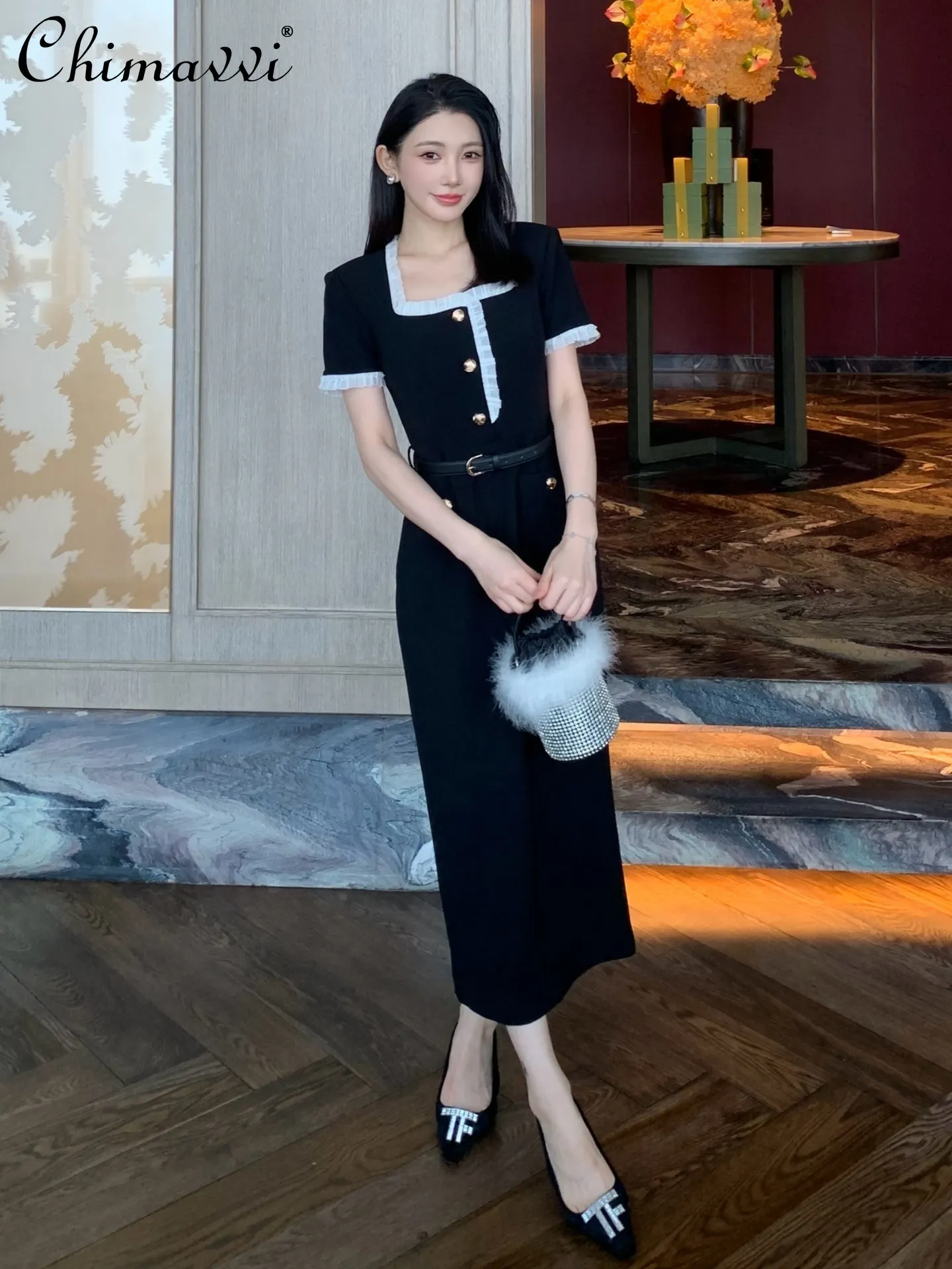 

Summer New High-end Professional Commute Classic Black Short-sleeve Dress Fashion Square Neck Lace Trim Elegant Long Dress Women