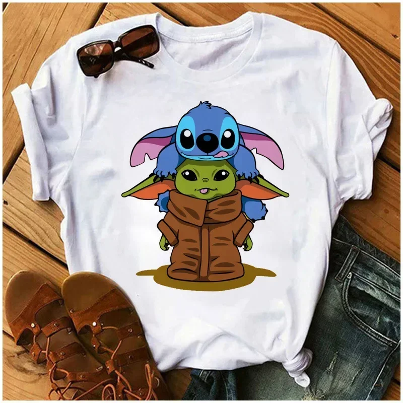 Wars Stitch Baby Yoda Women t-shirt Cartoon Tees gwiazda śmieszne koszulka damska białe luźne bluzki dziewczyny Y2K ubrania topy