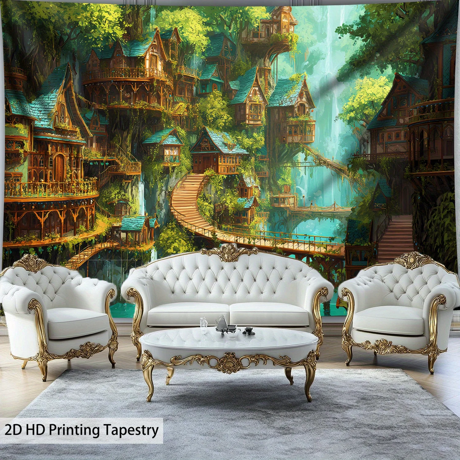 Large Polyester Tapestry Curtain Fantasy Forest Village Waterfall Scene Aesthetic Wall Mural Artroom Decoration Print