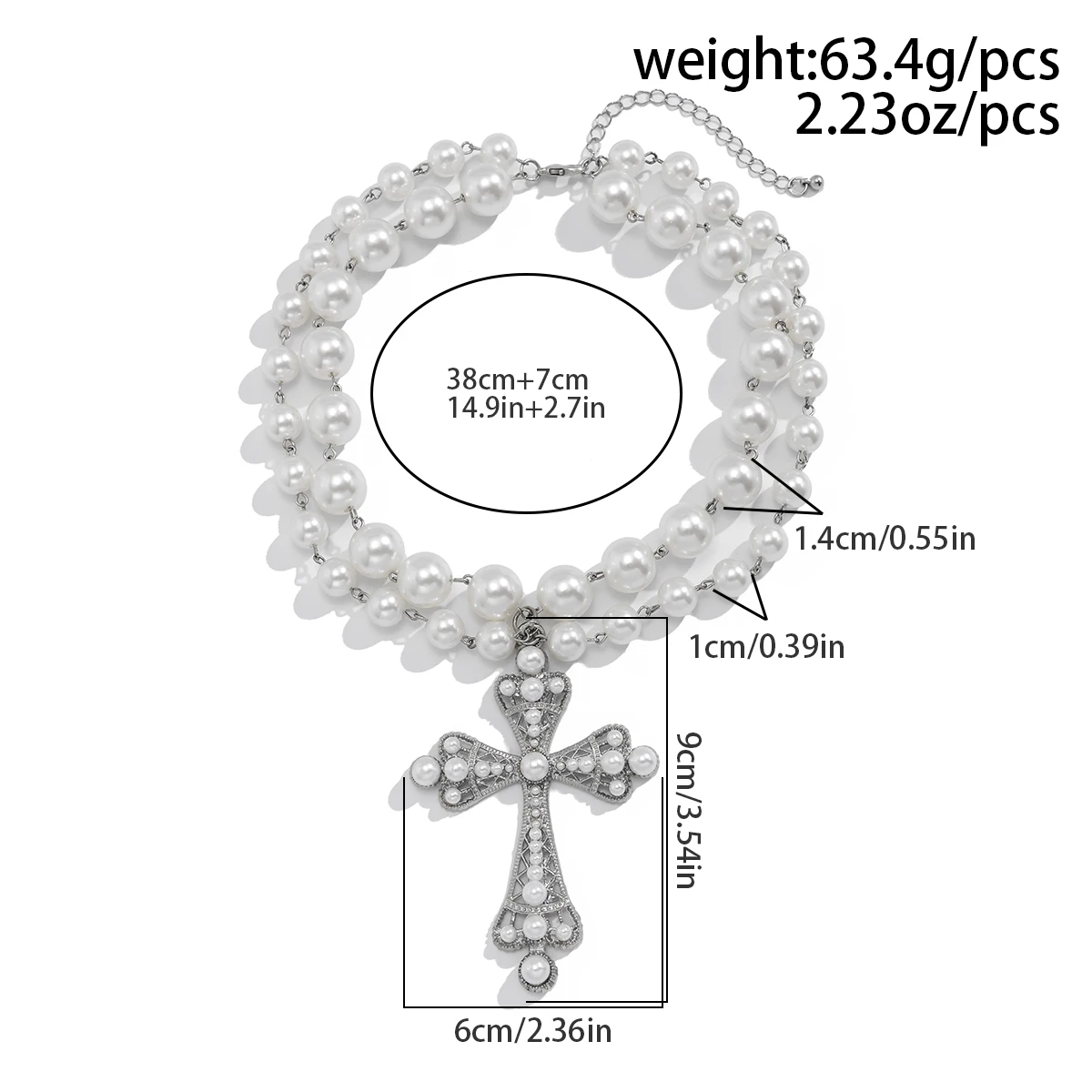 Salircon Gothic Inlaid Rhinestone Big Cross Pendant Necklace for Women Aesthetic Design Imitation Pearl Beaded Choker Jewelry
