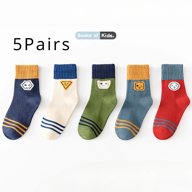 Five Pairs Spring and Fall Children's Cartoon Fashion Trend Simple All-in-one Boys Student Sports Breathable Mid-tube Socks