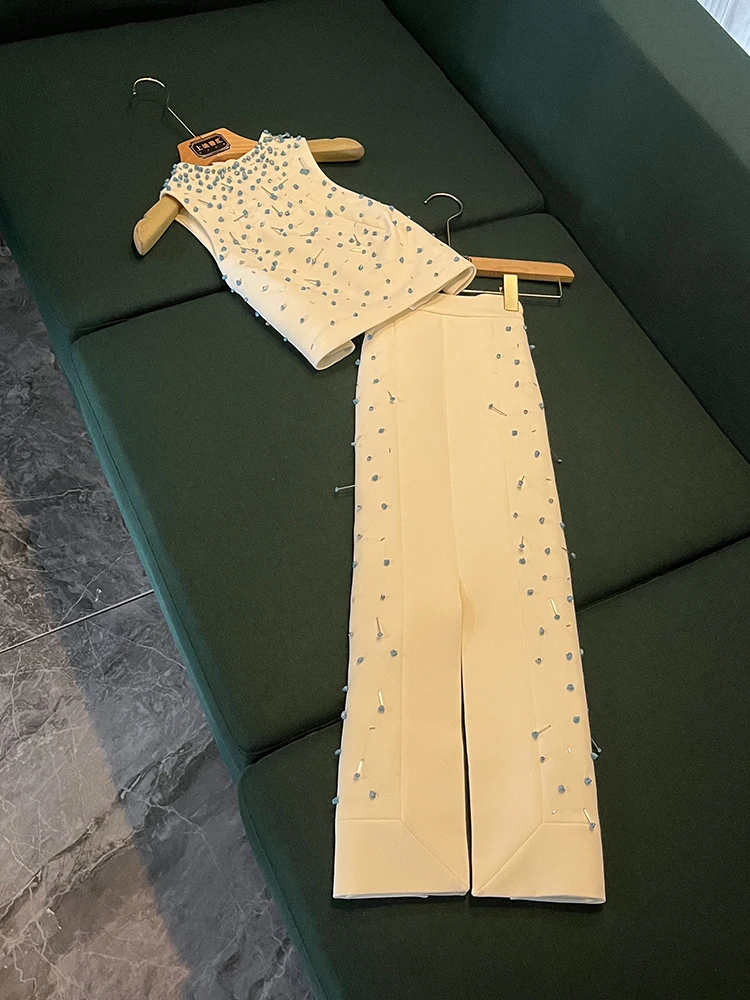 

Heavy Embellied Vest Top And Split Skirt Set Celebri Faion New Arrival Two Piece Set A532 Women's Busin Casual Outfit