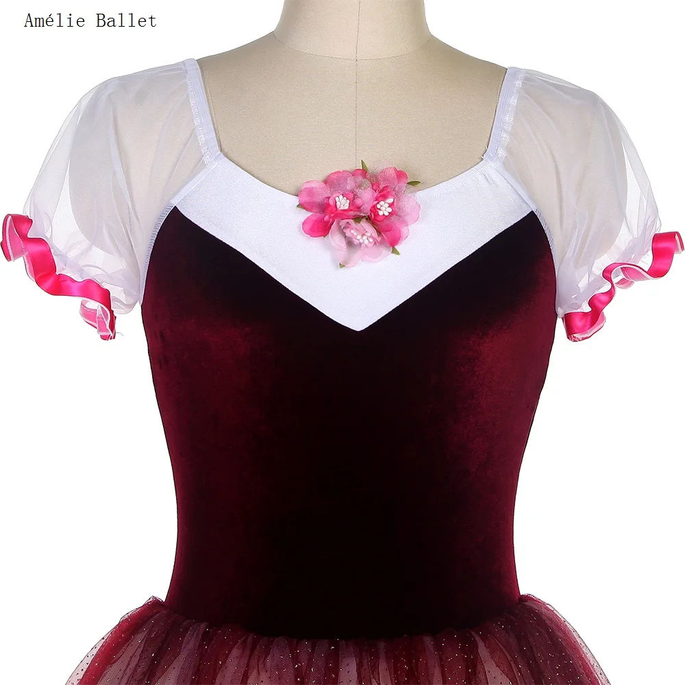 22066 قصيرة الأكمام بورجوندي المخملية صد فستان الباليه رومانسية طويلة الباليه توتو ازياء الفتيات والنساء أداء ملابس الرقص