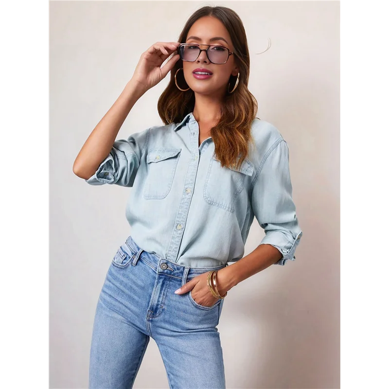 

Women Button Down Denim Shirts Casual Long Sleeve V Neck Chambray Blouse Top