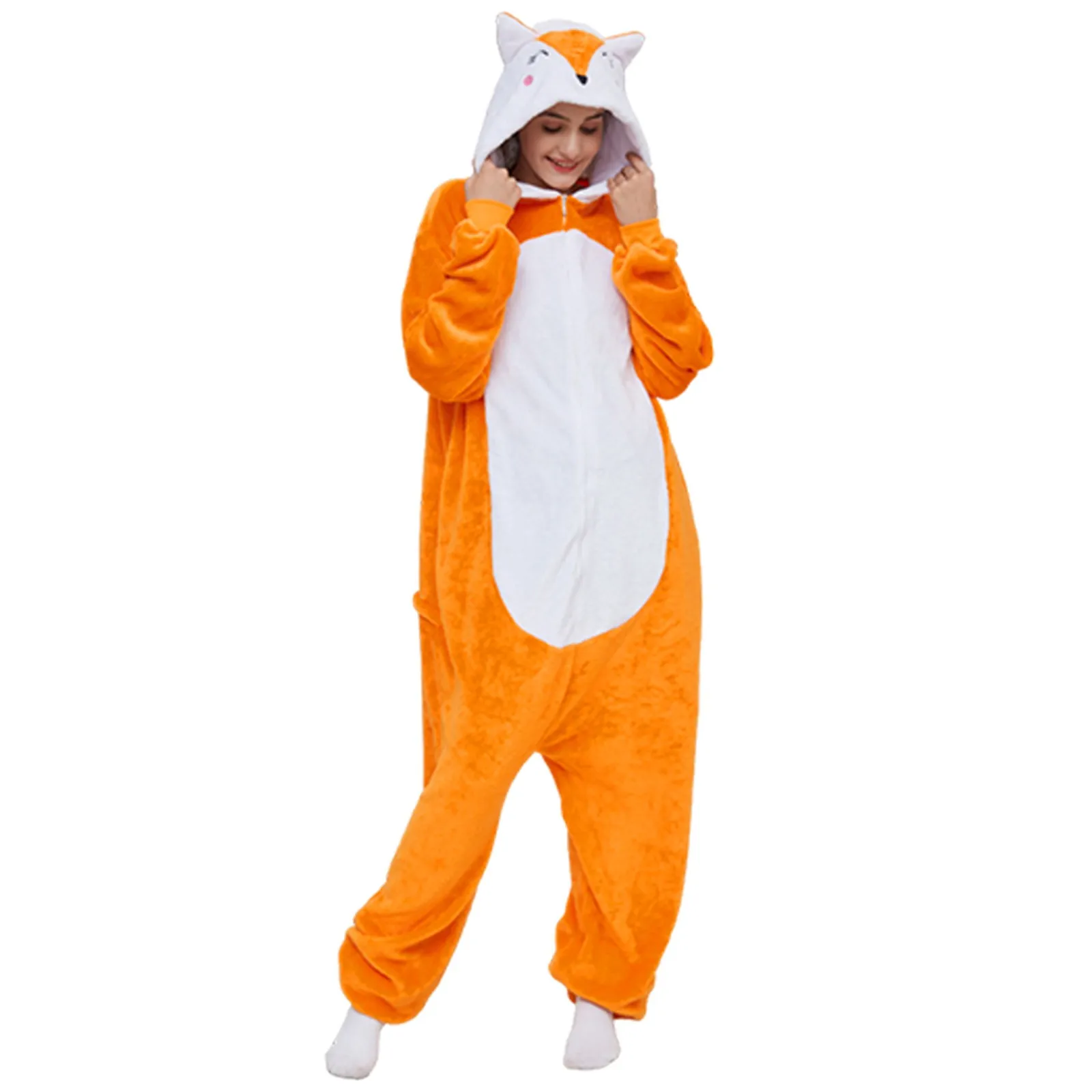 Unisex Adult Women Cartoon Costume Halloween Christmas Animal Cosplay Sleepwear Jumpsuit Fox Onesies Kids Fleece Party Pajamas