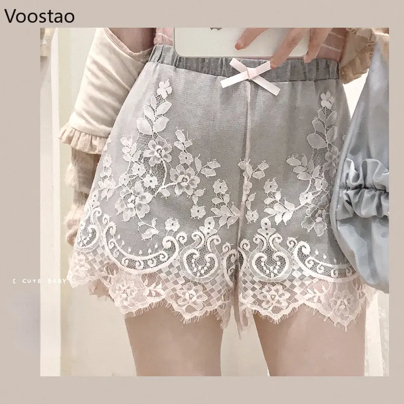 

Summer Sweet Harajuku Shorts Women Cute Bow Lace Embroidery Lolita Casual Shorts Girls Fashion Elastic High Waist Short Pants