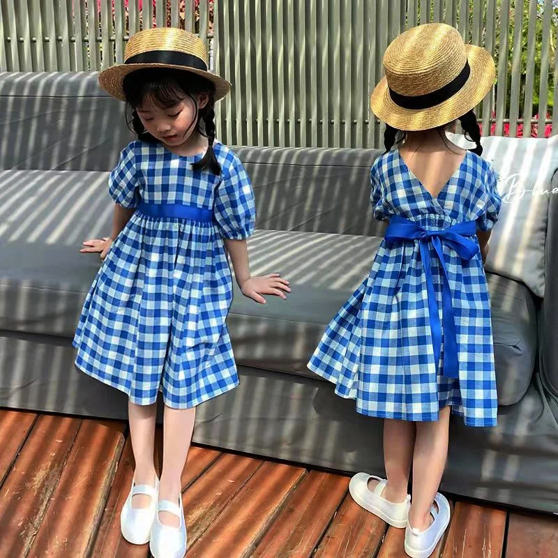 Children Clothes for Baby Girl Plaid Pattern Dresses Summer Short Sleeves Kids Round Neck Tied Rope Princess Dress 2-9 Years