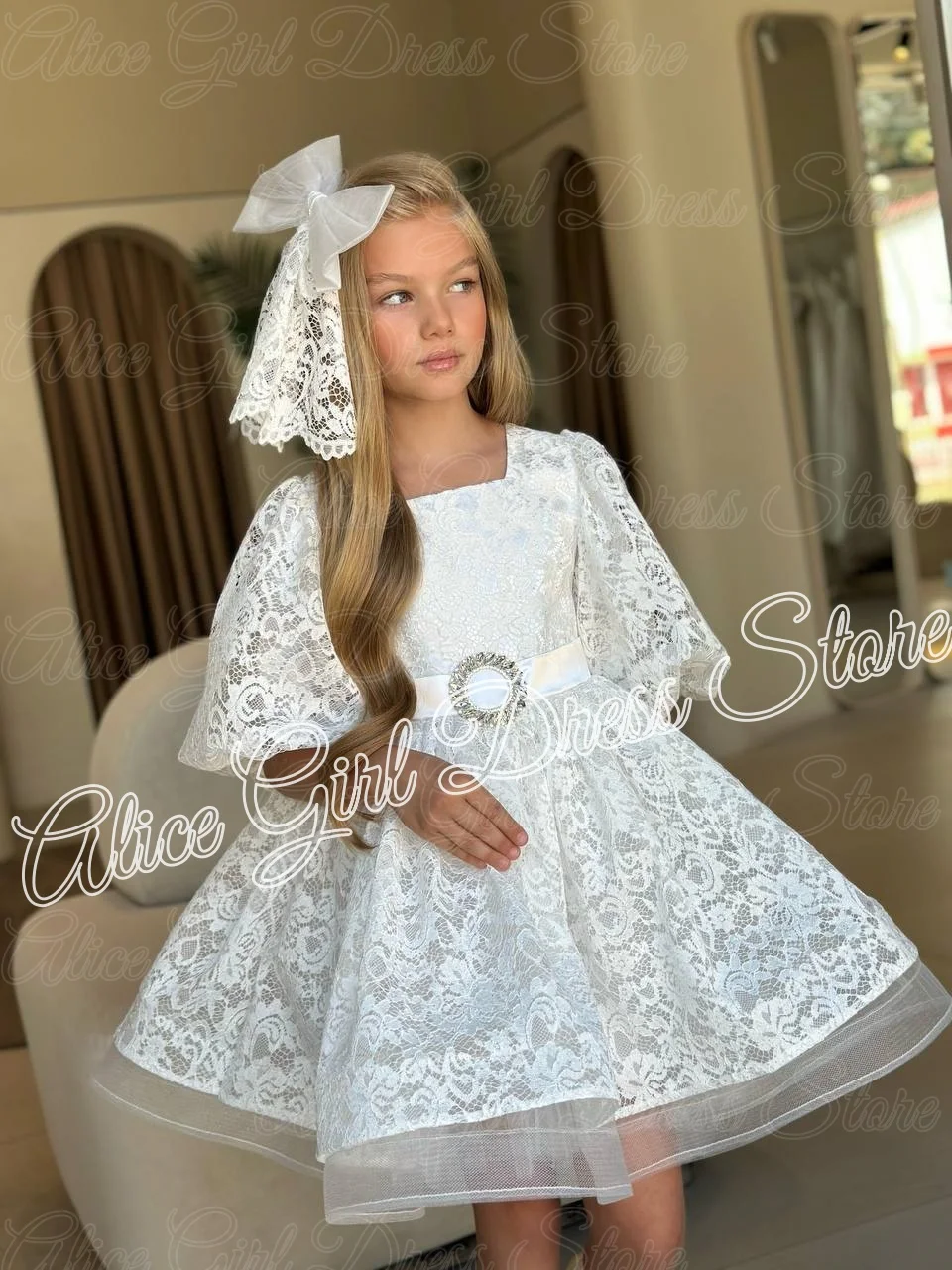 Customized White Milk Lace Flower Girl Dresses for Wedding Puffy Sleeves Knee Length First Communion Kids Birthday Party Gowns