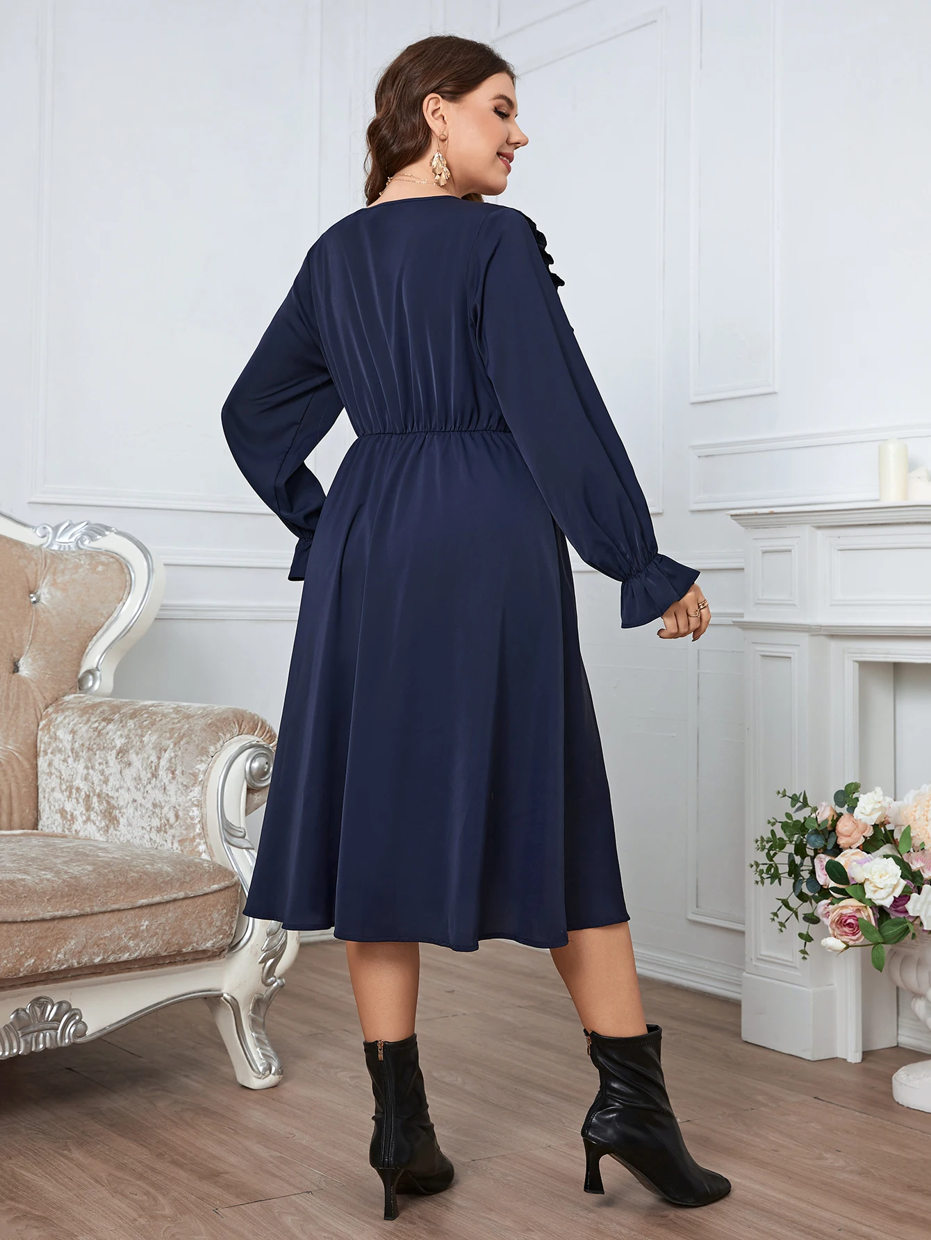 Women\'s Casual Puff Long Sleeve Midi Dress Lady Party Dresses Plus Size Solid Color Fashion Clothing 3XL 4XL