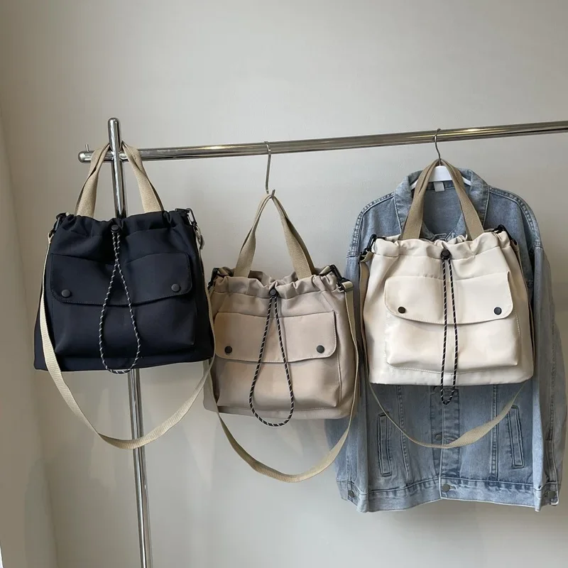 Vintage Nylon Drawstring Women Shoulder Bag Waterproof Flap Outer Crossbody Bag Casual Large Classes Commuter Durable Handle Bag