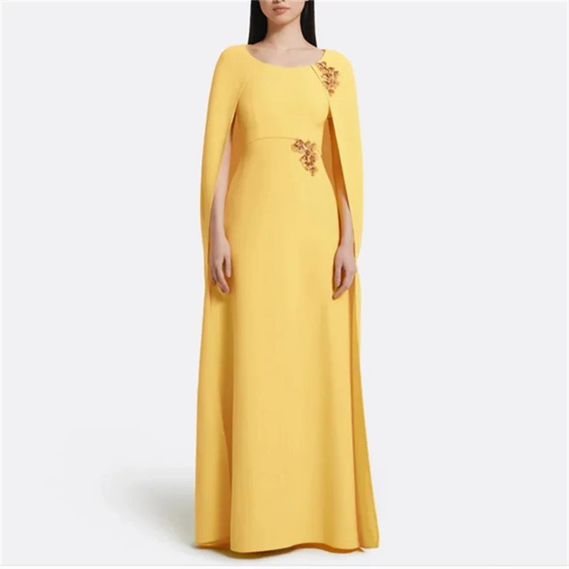 エレガントなパーティードレス イエロードレス 2025 女性用イブニングドレス ドバイ ソワレドレス フロア丈 プロムドレス キャップ付き カスタマイズ可能