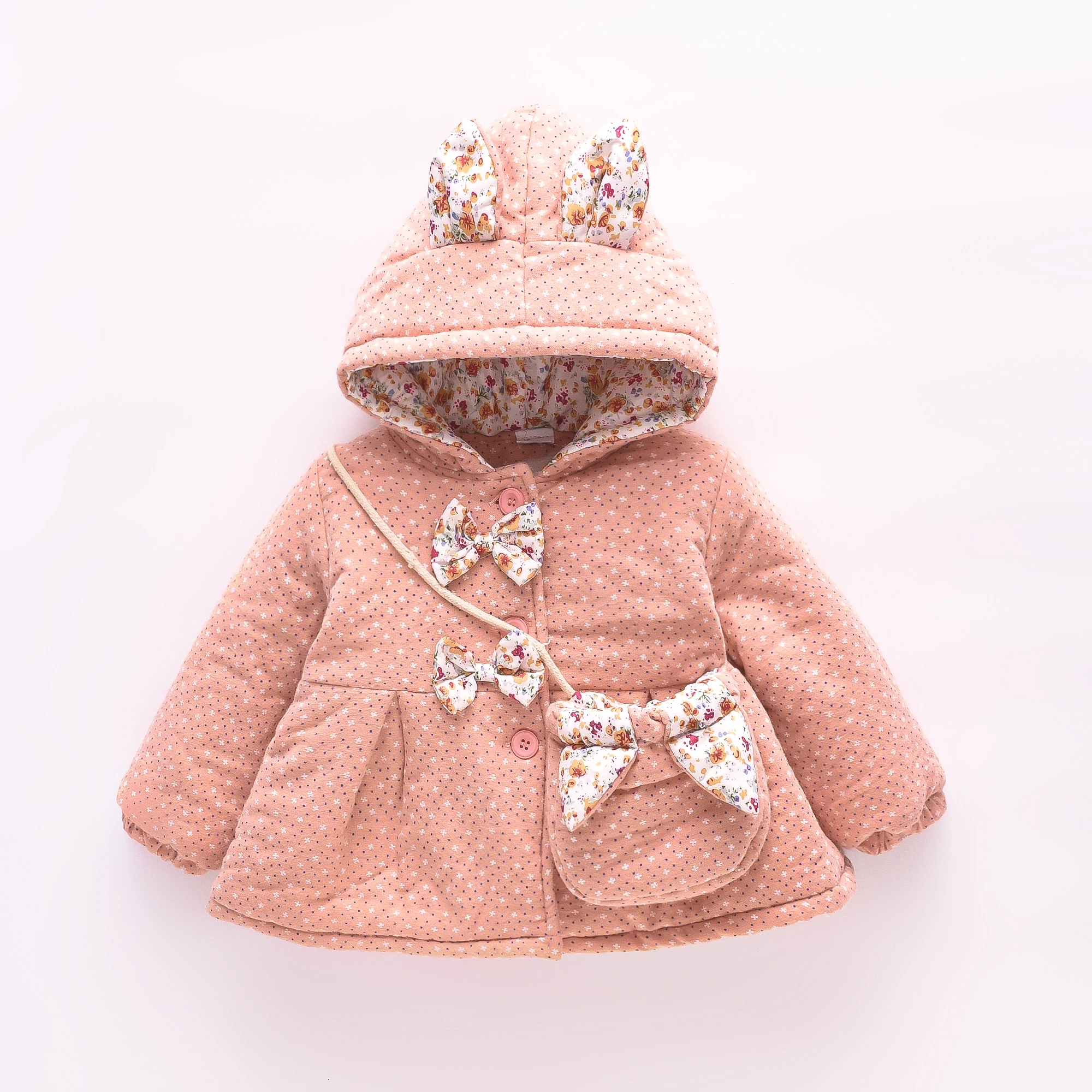

Two Piece Set of Baby Girl's Cotton Jacket Winter Girl's Floral Polka Dot Ear Hooded Cotton Jacket Cute Girl's Winter Cotton Jac