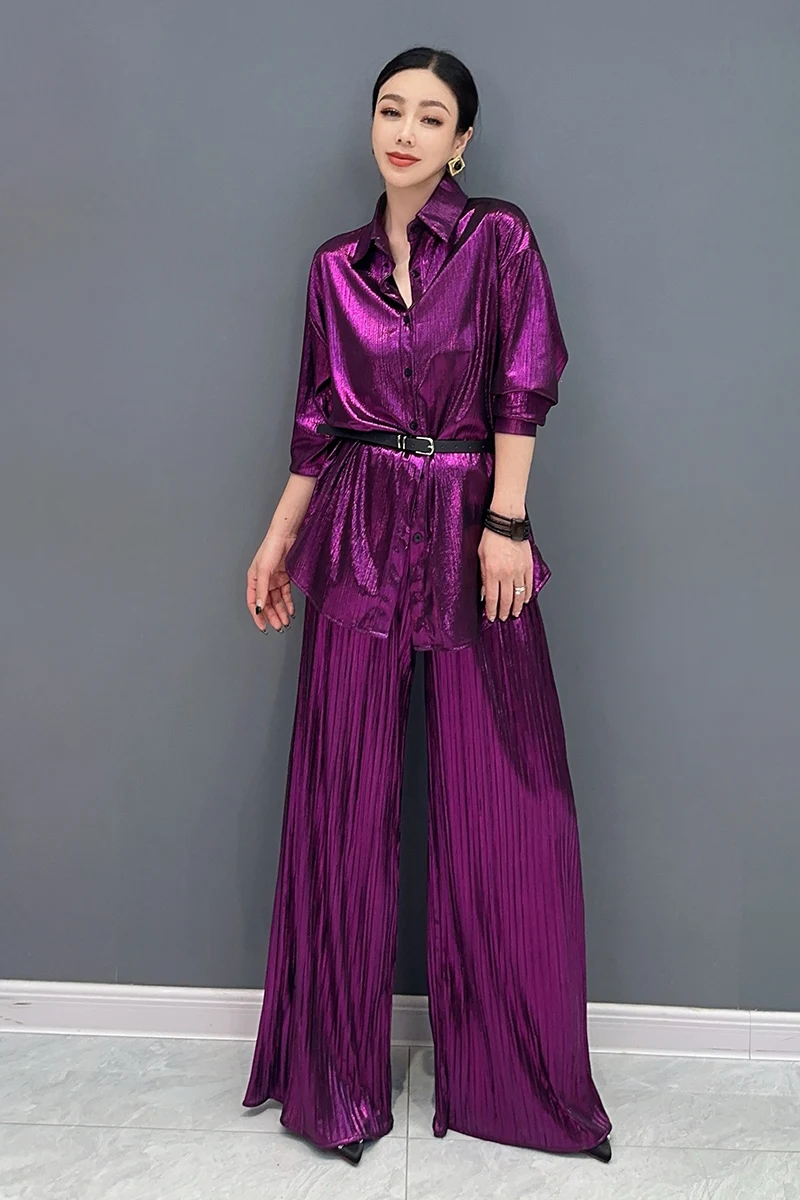 2024 Autumn New Women Set Bright Folds Long Shirt Wide Leg Pants Two Piece Set Casual Fashion Clothes J391