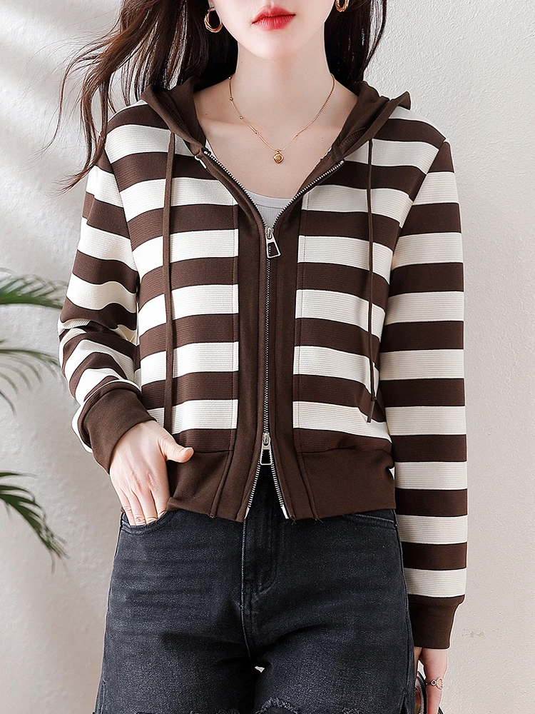 

Y2K Striped Sweatshirts Women Zipper Hoodies Tops Jacket Coat Female Casual Baseball Jacket Two-Way Zipper Up Jumper Streetwear