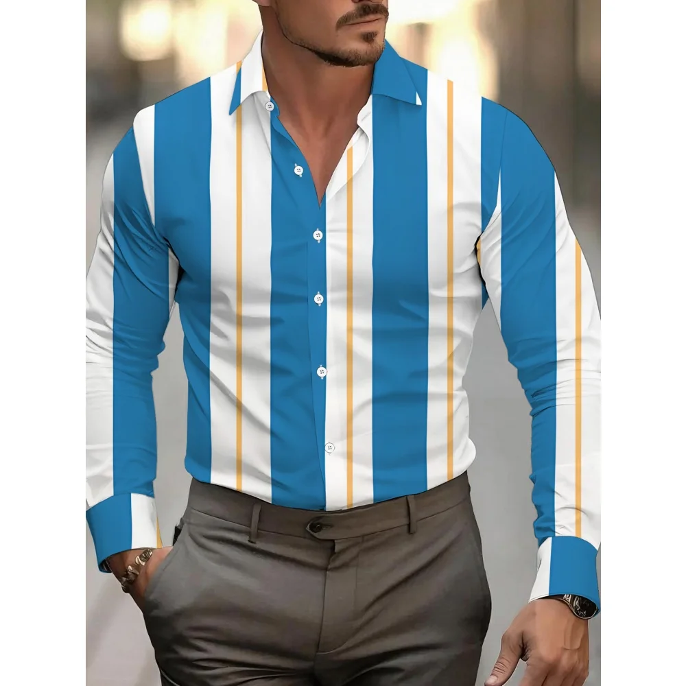

Men's Color-Blocked Striped Long-Sleeve Shirtretro Style Business Casual Shirt Personality Men's Trendy Tops Versatile Shirts