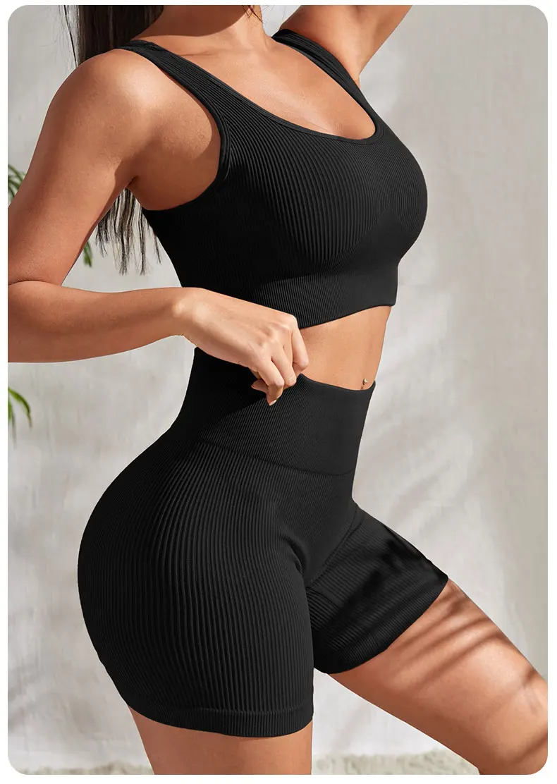 Nahtloses, geripptes Fitness-Set für Damen, einfarbig, gestrickt, 2-teiliges Workout-Outfit, bauchfreies Tanktop, Shorts mit hoher Taille, Yoga, Laufen – Detail 10