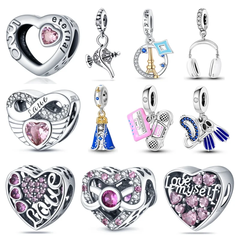 Classic 925 Silver Plated Flower Heart Shaped Pendant Beads, Suitable for Bracelet DIY Exquisite Jewelry Gifts