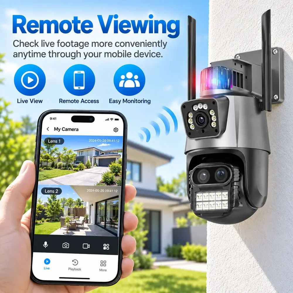 Three-Lens Dual Screen 6K 12MP Outdoor Wifi Camera PTZ Camera ICSee Auto Tracking 4K 8MP Video Surveillance Police Light Alarm
