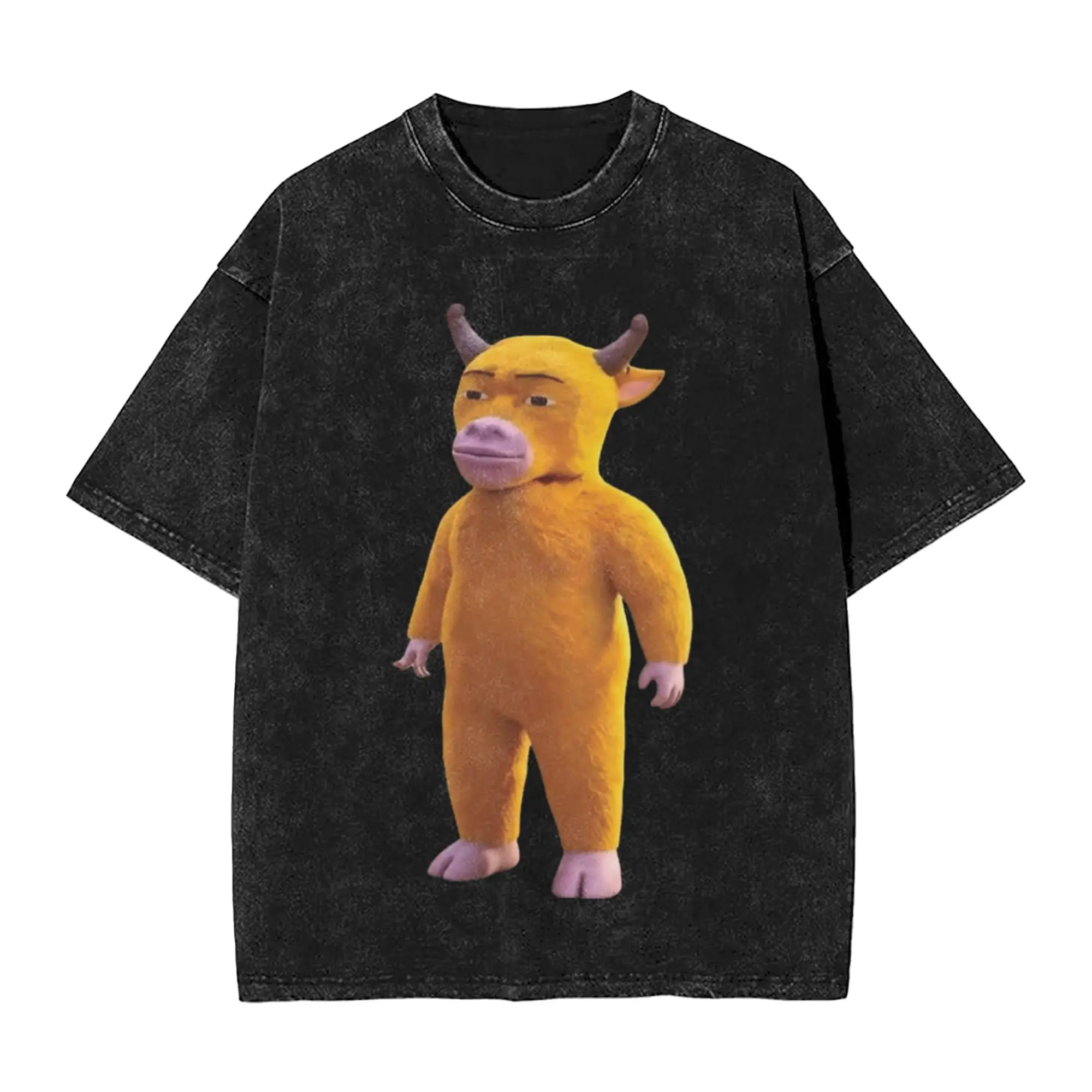 Niu Lai Here Comes The Cow Washed T Shirt Streetwear Hip Hop Fashion T-Shirts  Tee Shirt for Men Women Short Sleeve Oversize