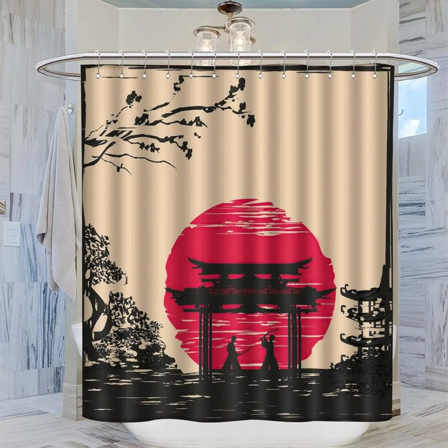 Japanese Shower Curtain, Watercolor Style Red Sun Silhouette Ninja in Moonlight Medieval Theme National Folk Asian Print