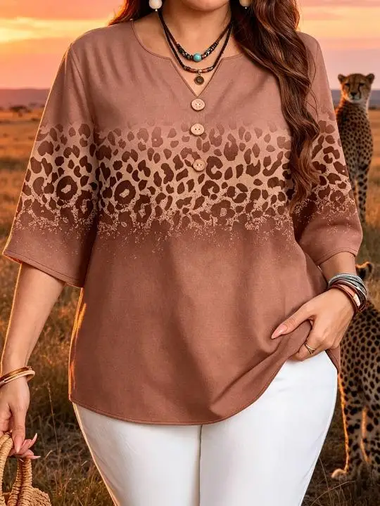 Safari Wildlife Print Blouses Notch V Neck Half Button 3/4 Sleeve Gradient Leopard Animal Graphic Loose Casual Women Shirts