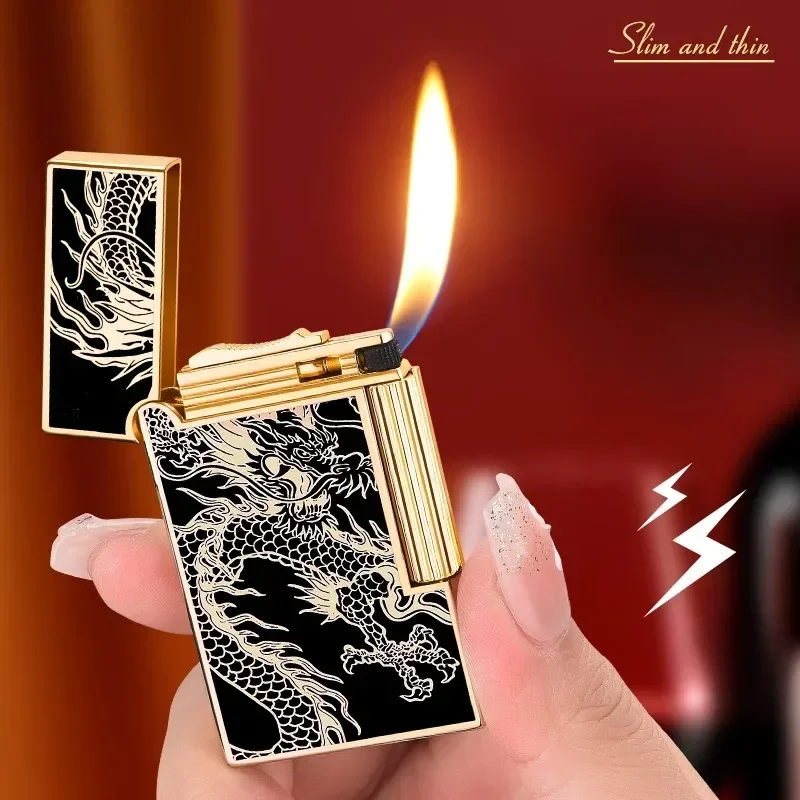 

Fashionable Steel Tone Grinding Wheel Open Flame Gas Lighter Side Sliding Oblique Fire Metal Material Retro Cigarette Lighter