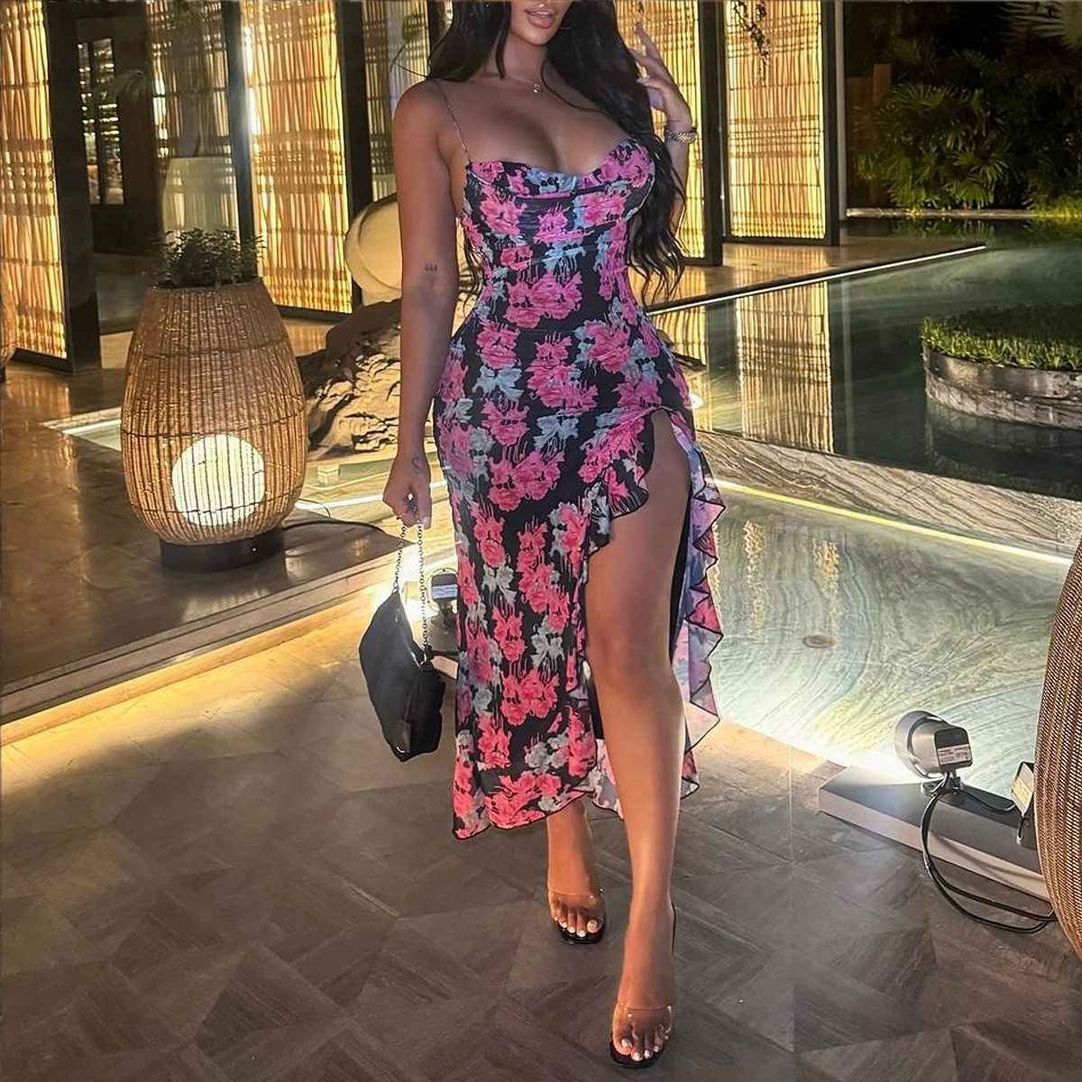 Modisches Strandkleid mit Retro-Blumendruck für Damen und Strapskleid
