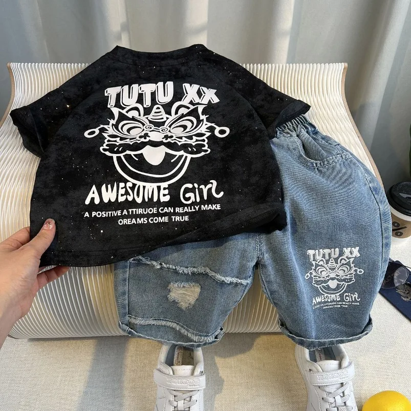 

New Boutique Design Camouflage Good Print T-shirt Top Bottom Clothes Jeans Shorts Baby Summer 2025 Boy Sets for Children