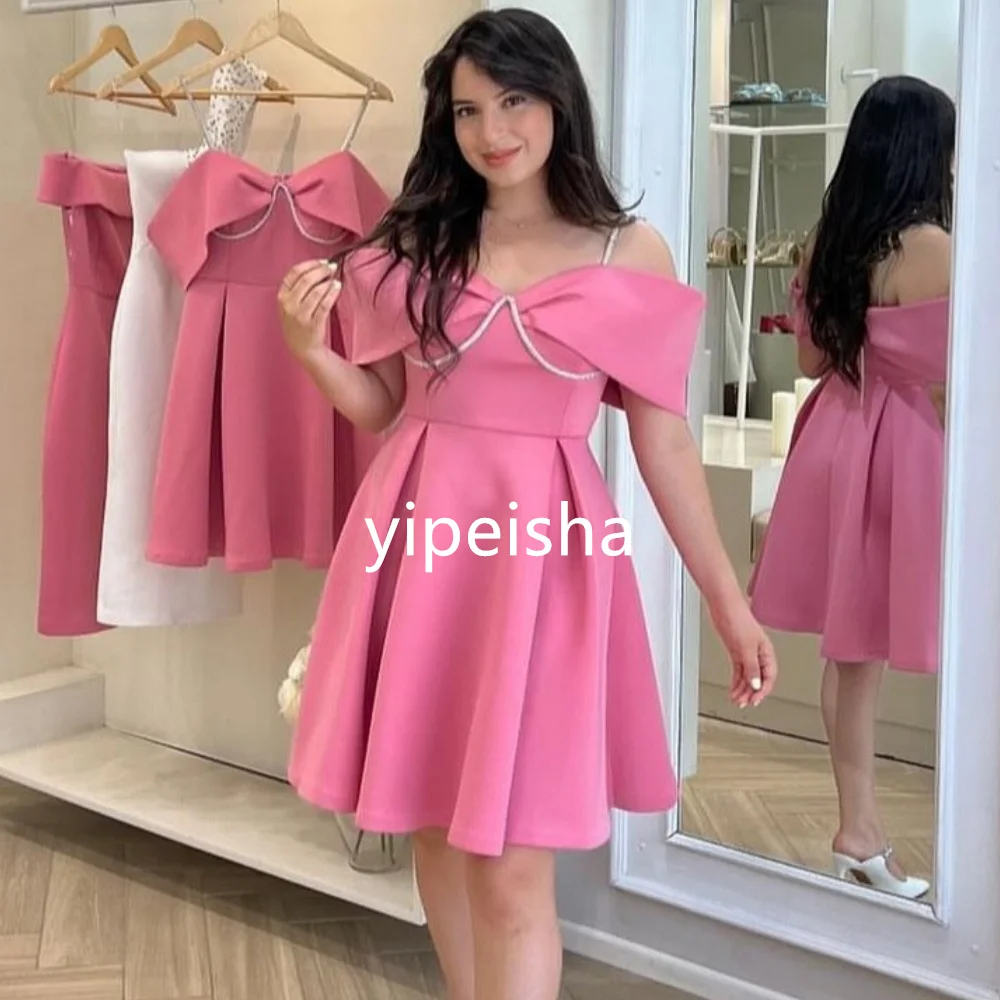 CustomizedFashion Jersey Pleat Pearl A-line Spaghetti Strap Knee Length Dresses Homecoming Classic Exquisite Modern Style Pastr