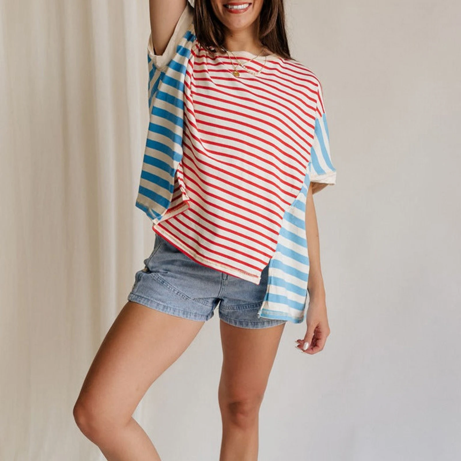 Women Stripe Colorblock Patchwork Baggy T Shirt Casual Short Sleeve Round Neck Tees Comfortable and Relaxed T-Shirts