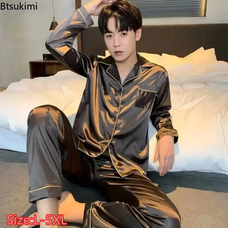 Oversized 5XL Men's Long Sleeve Pajama Sets Comfortable Satin Lapel Cardigan Tops Pants Homewear 2 Pieces Male Lounge Sleepwear