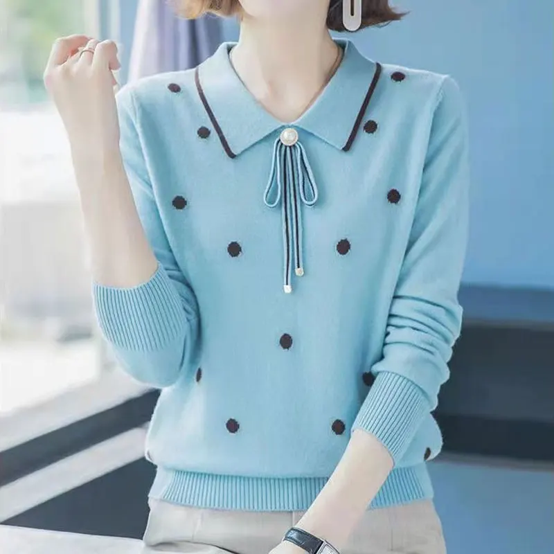 2023 Frühling Herbst lässig Polka Dot Peter Pan Kragen Pullover weibliche Kleidung einfarbige Schleife schicke Perle Knopf lose Pullover