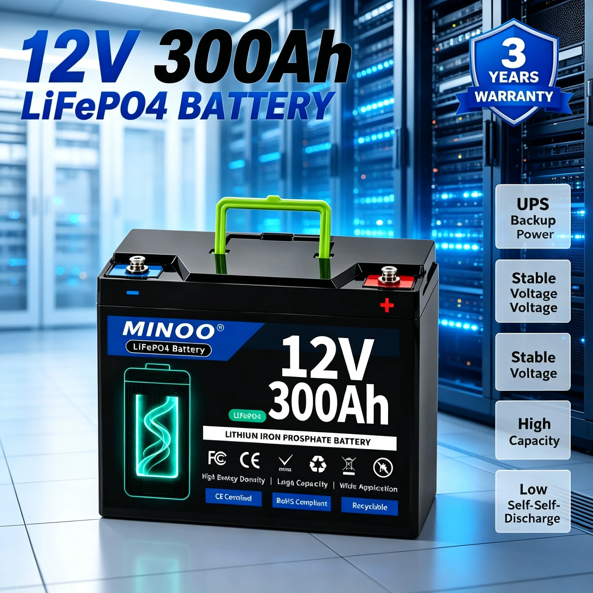 12V 300Ah Lithium LiFePO4 Battery Built-in 300A BMS High Capacity Deep Cycle Battery for RV Solar Marine Backup Power