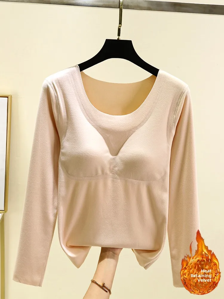 Thickened German Velvet Women's T-shirt round Neck Long Sleeve Inner Wear Fleece Lined Underwear Top for Autumn Winter