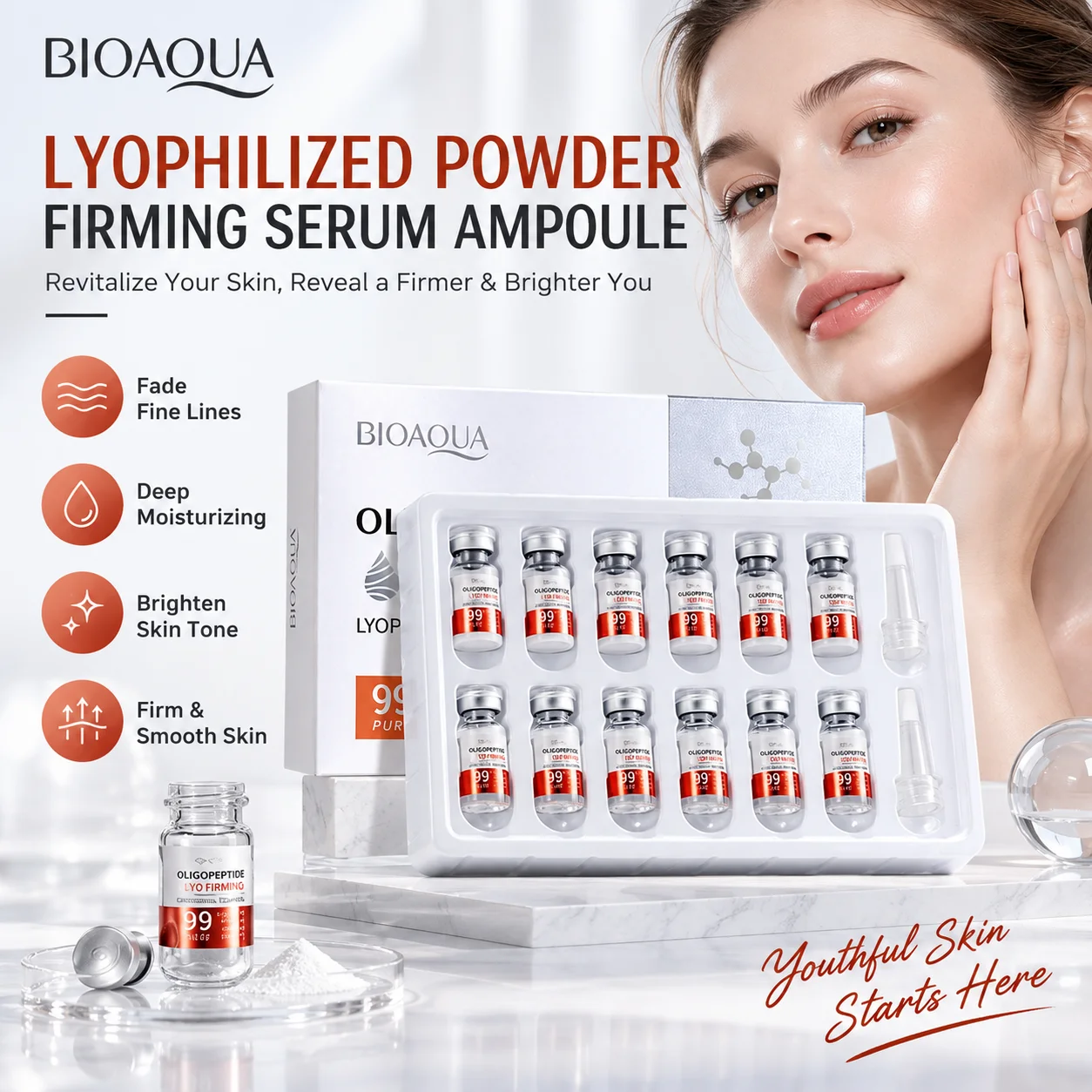 12Pcs/Box BIOAQUA Lyophilized Powder Serum Ampoule Anti-Wrinkle Firming Fade Fine Lines Moisturizing Brightening Face Skincare