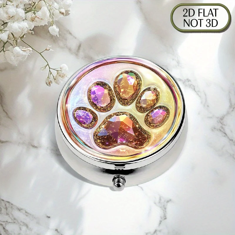 1 portable round metal pill box with a paw print lid - suitable for vitamins and other medications, for pet owners, for travel and daily use, storage container, flat design