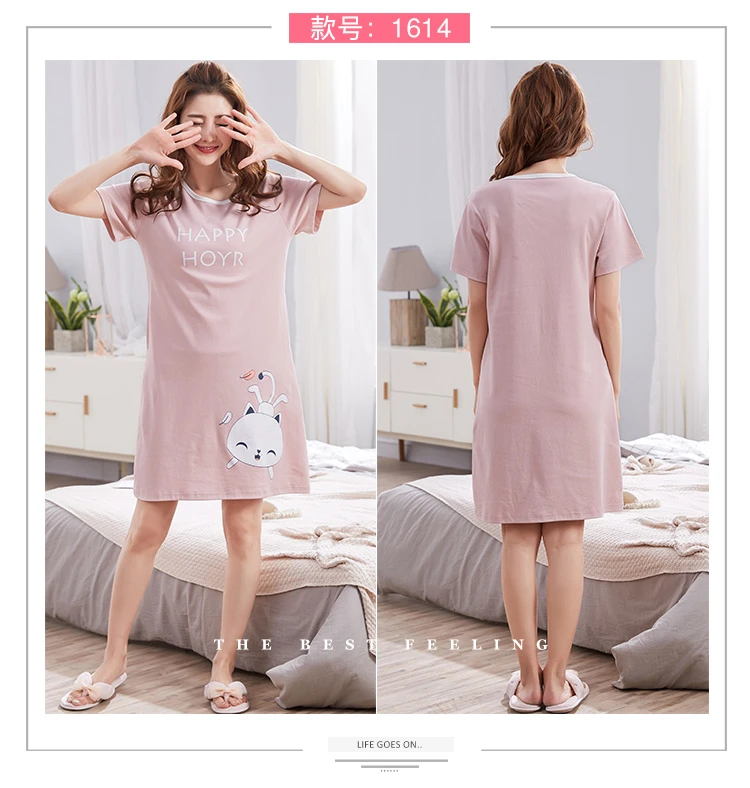 2024 Summer Short Sleeve Cotton Nightgowns for Women Korean Cute Cartoon Cat Sleepwear Night Dress Nightdress Home Nighty Ladies